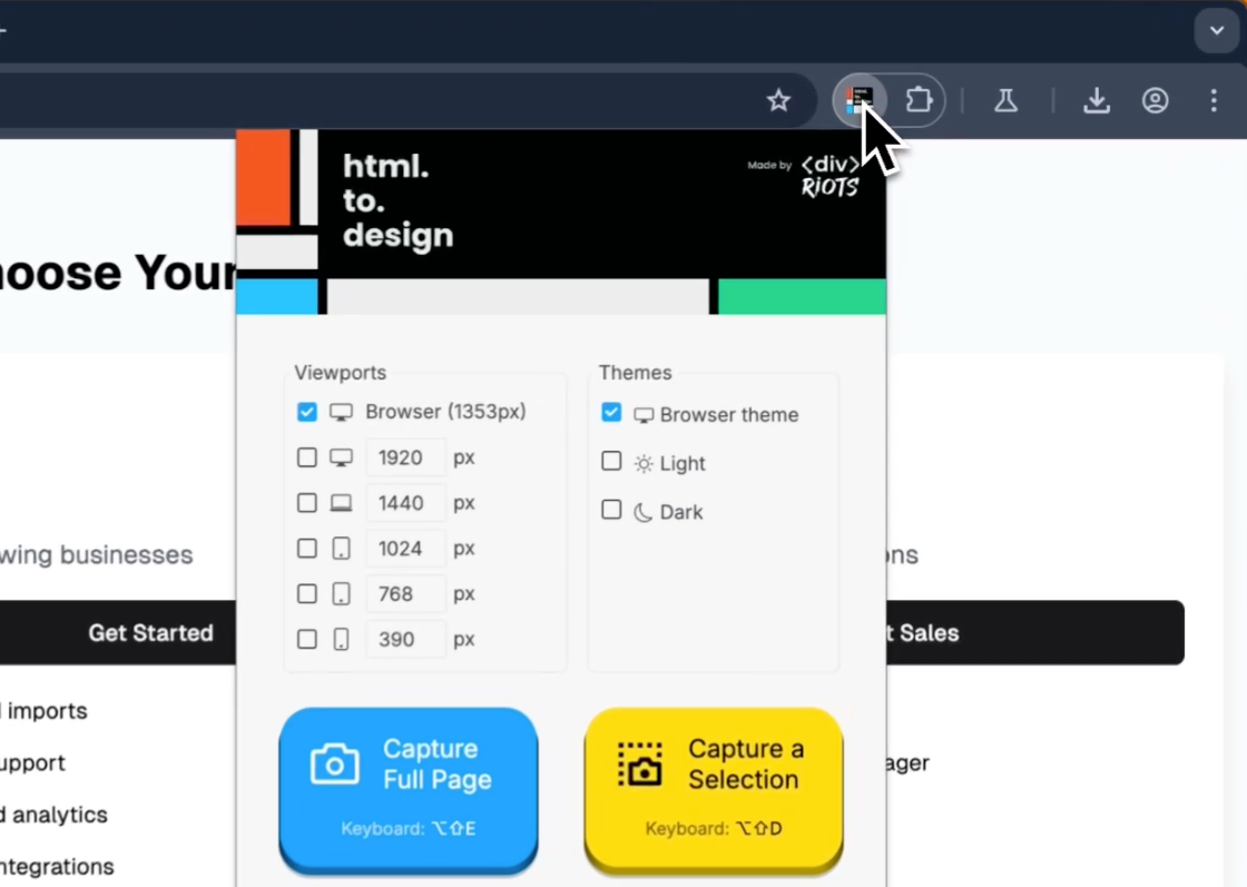 Screenshot of the html.to.design Chrome extension.