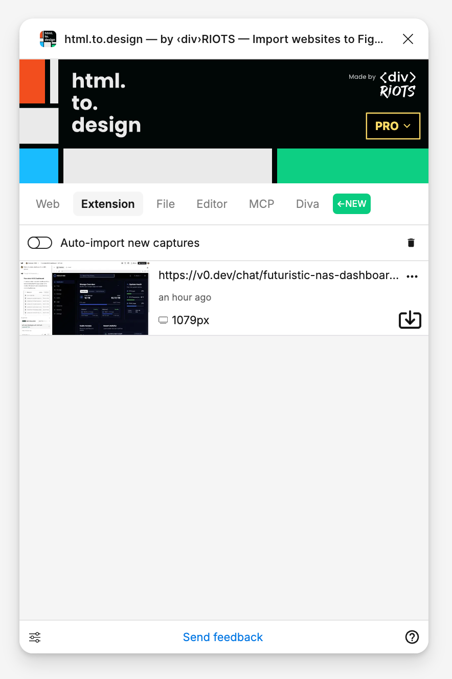 Screenshot html.to.design plugin in Figma on the 'Extension' tab where we can see the last capture waiting.