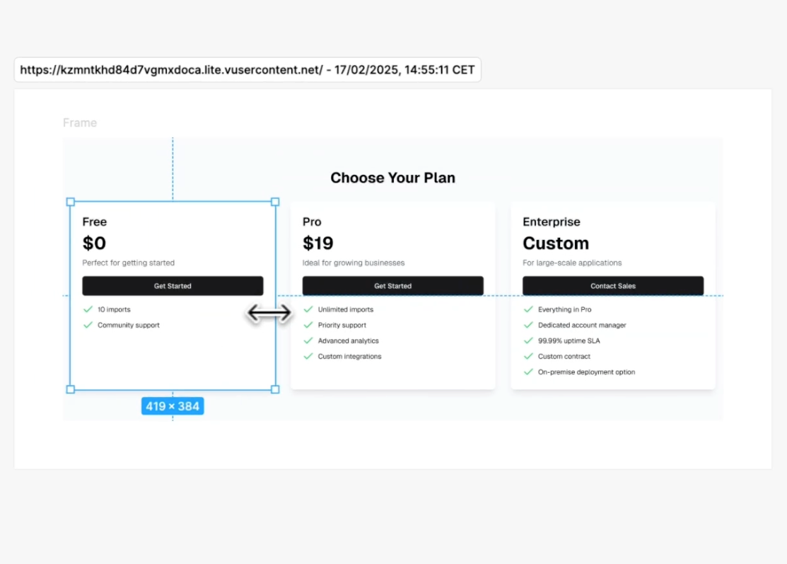 Screenshot of the AI-generated landing page in Figma as fully editable vector layers.