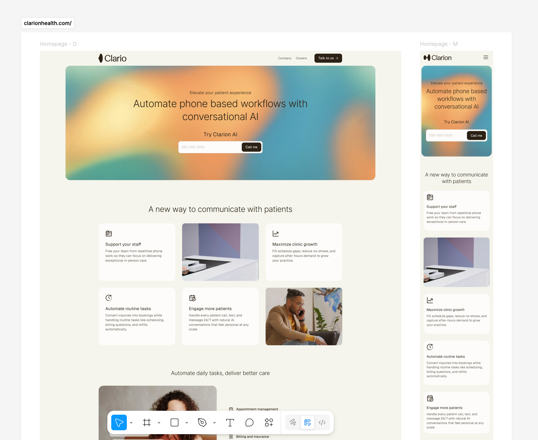 Screenshot of Figma canvas with Clario website imported