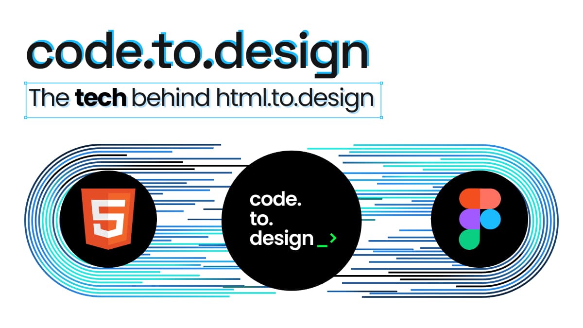 code.to.design logo in the middle with HTML logo on the left and Figma logo on the right.